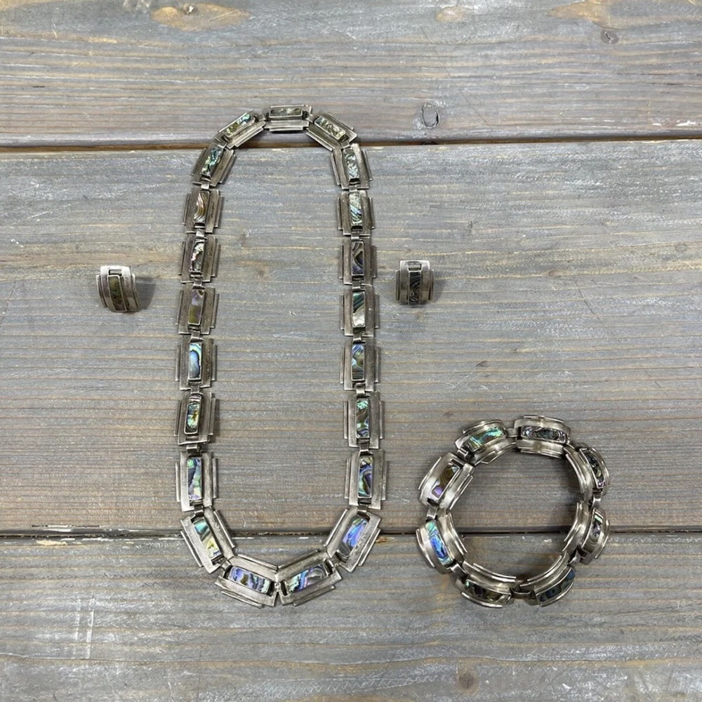 Taxco Mexico Silver 925 multi color Necklace Bracelet Earring Set VTG rare
